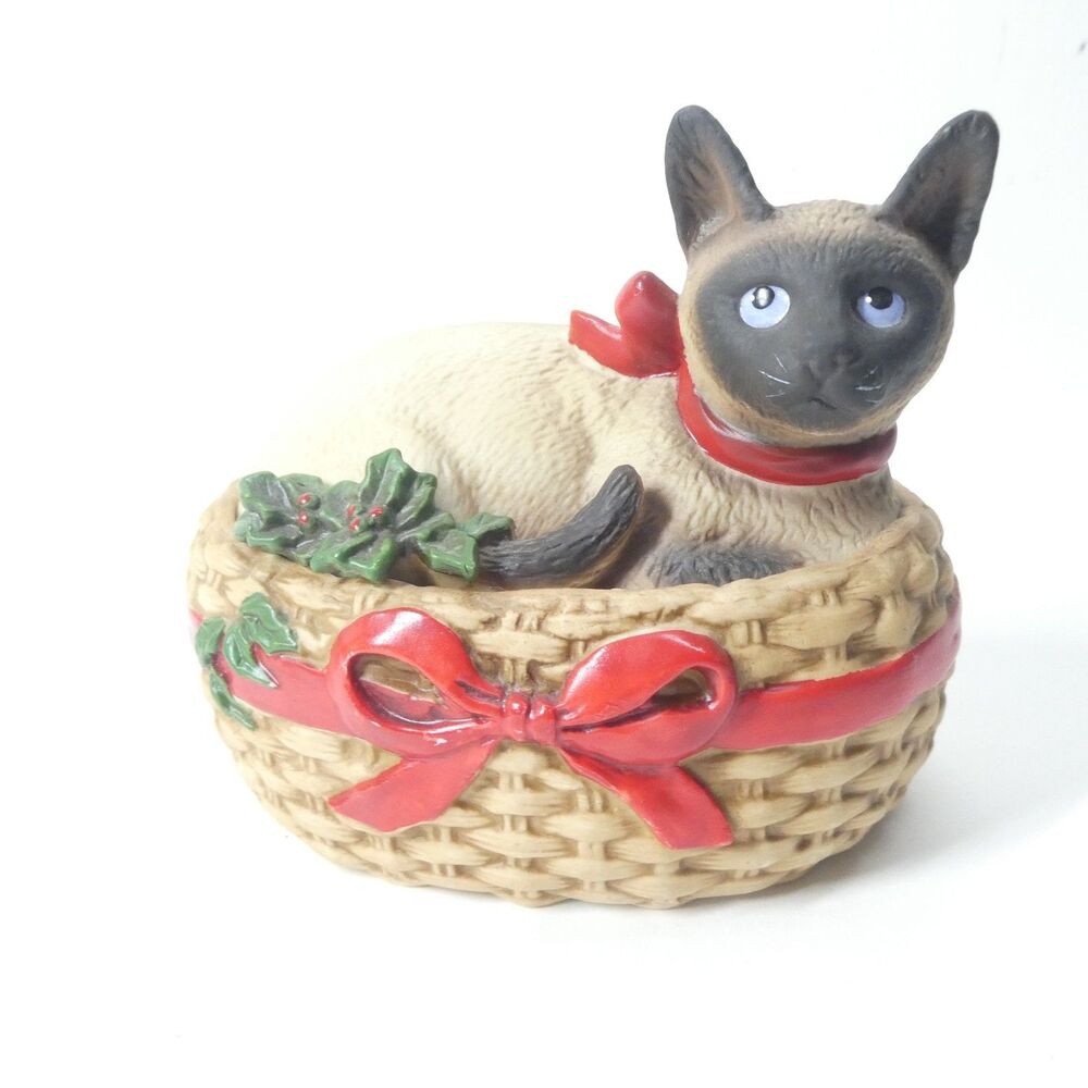 Siamese Cat in Basket Schmid Music Box Vintage Figurine 1984 Gordon Fraser